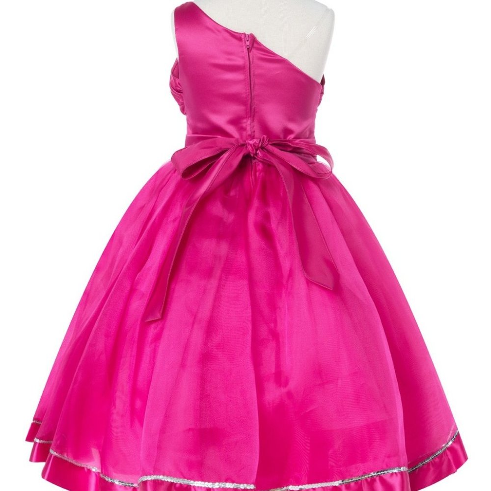 Big Girls One Shoulder Satin Organza Wedding Party Flower Dress Fuchsia Pink 10 - Picture 3 of 6